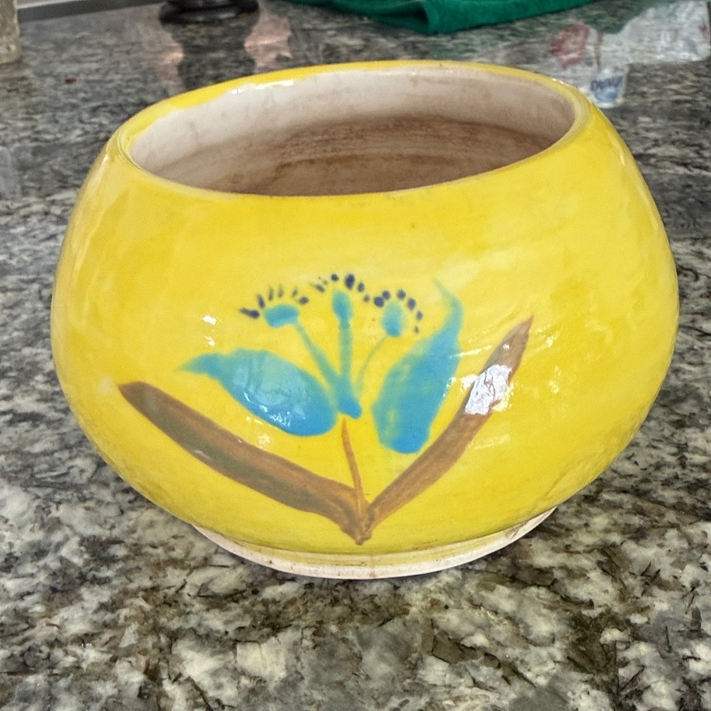 Lee Yellow Ceramic Planter with Blue Floral Motif